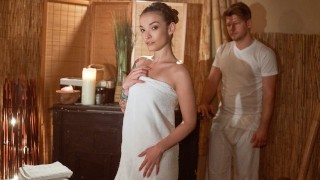 British nymph drains big cock dry in Massage Rooms series with Kylie Nymphette, Michael Fly by Sexy Hub